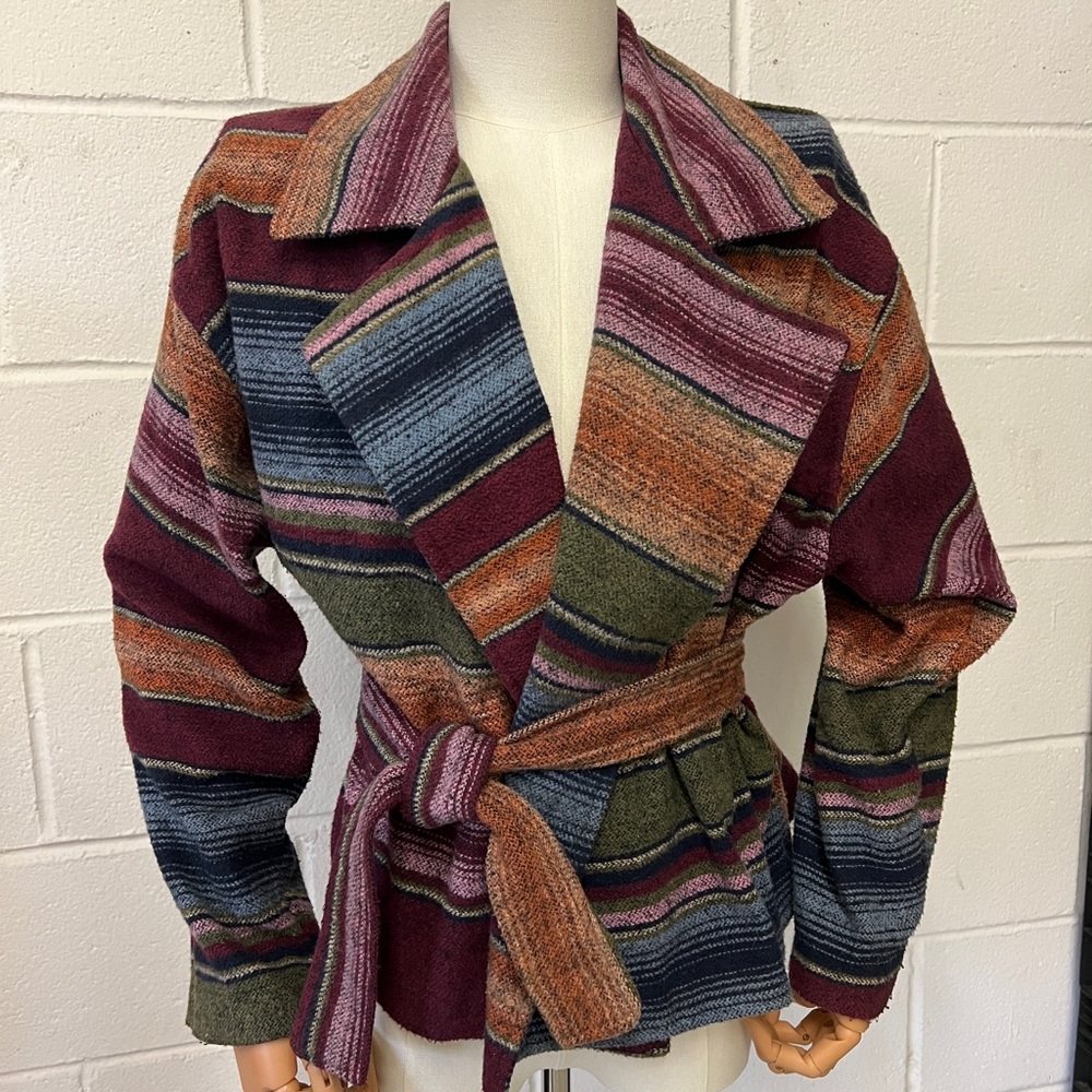 Striped serape southwestern drop shoulder dolman Jacket with belt
